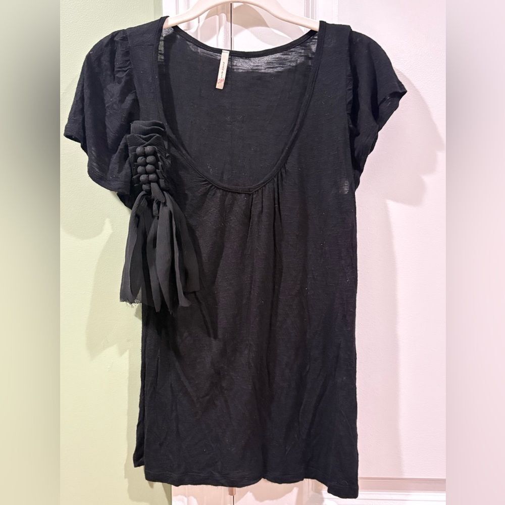 Olivia Moon Black Short-Sleeve Scoop Neck Top with Tassel Detail
